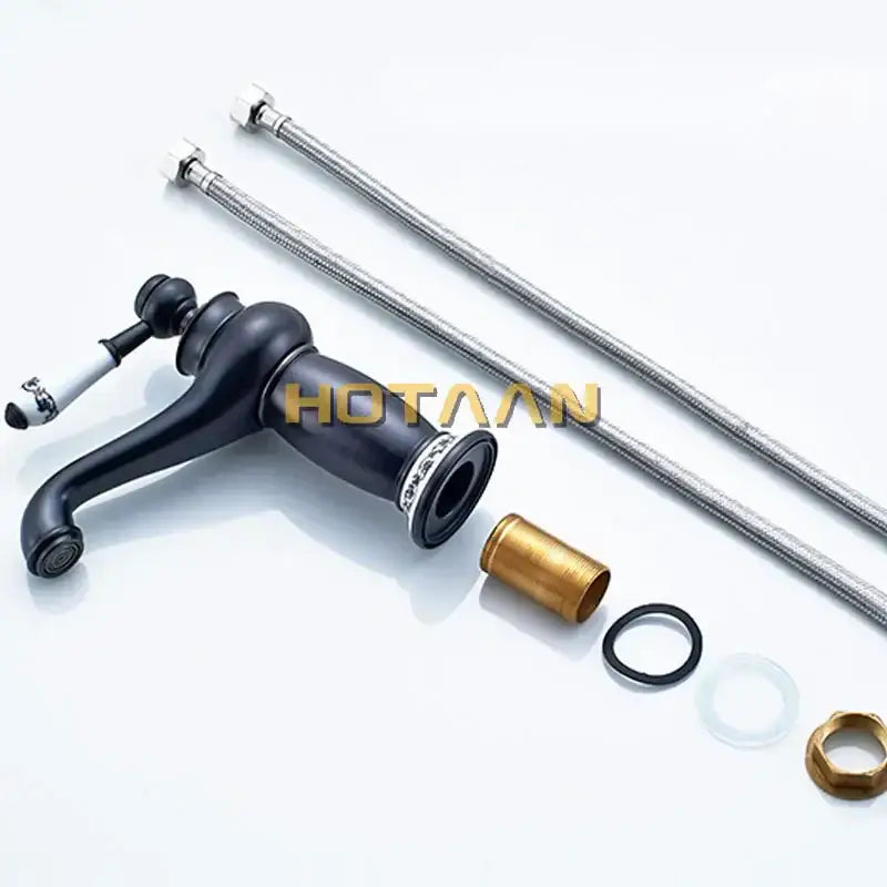 Vintage black brass ceramics bathroom faucet with floral handle matt black finish chrome braided hoses brass fittings