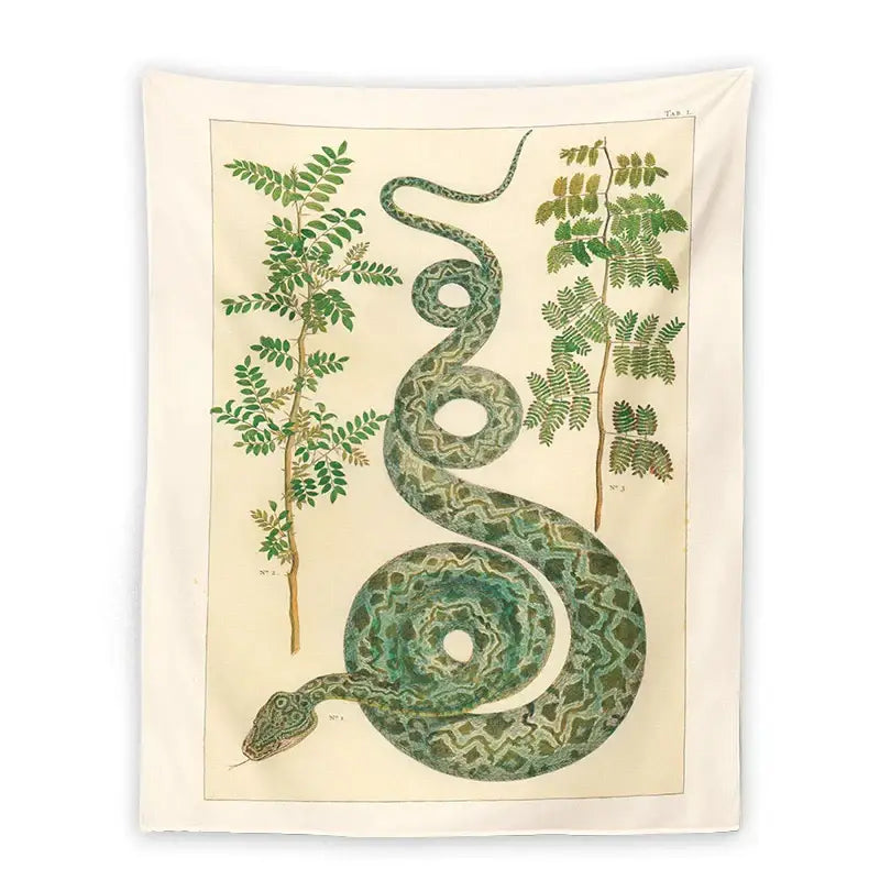 Vintage botanical celestial snake tapestry wall hanging featuring a coiled green snake with leafy plants on off-white background
