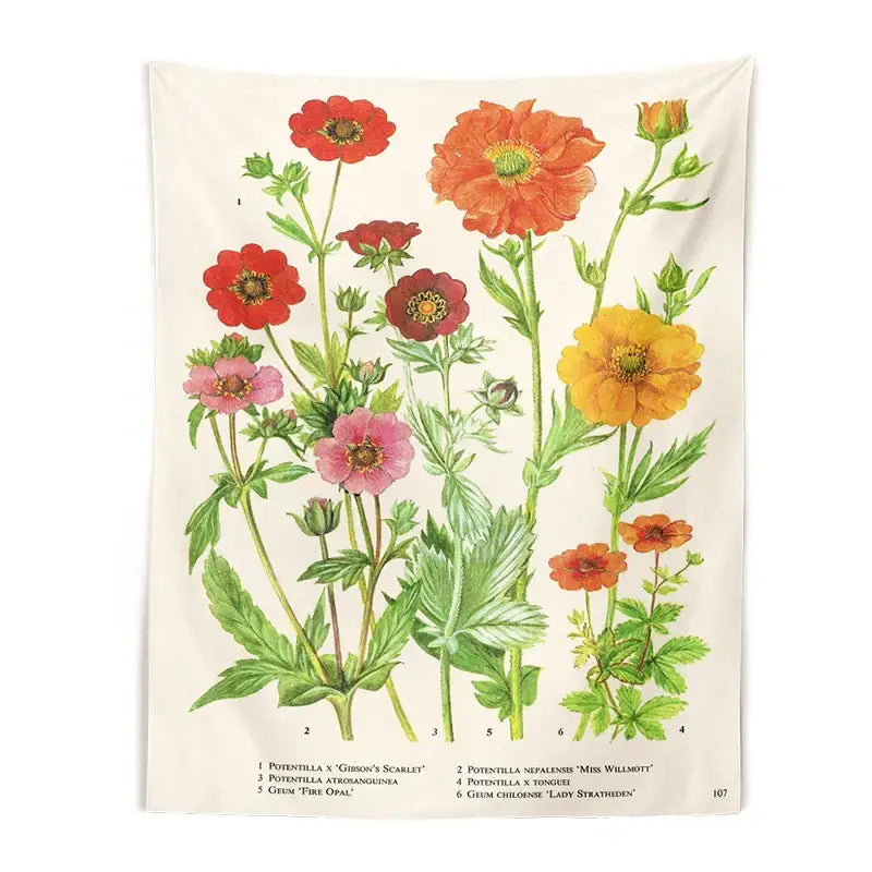 Beige vintage botanical flower print tapestry featuring colorful red orange pink and yellow flowers for bedroom decorbites decor