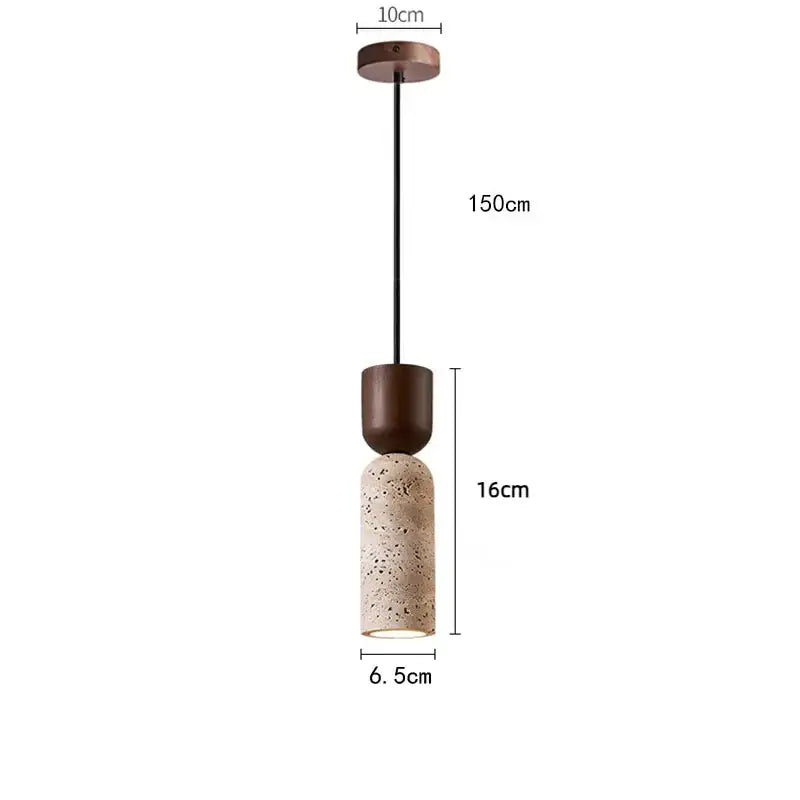 Vintage french pendant light with matte bronze wood top and cylindrical speckled stone shade for dining room