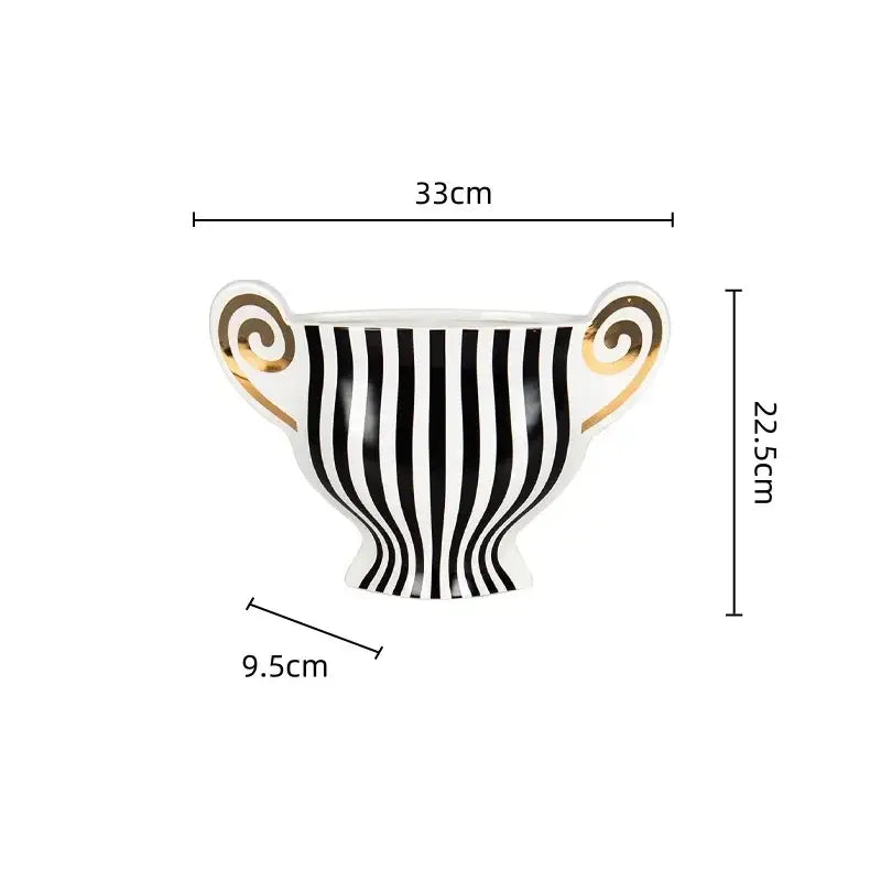 Vintage geometric fringe ceramic vase white with black stripes and gold spiral handles for living room decor by decorbites