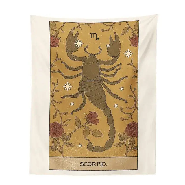 Beige vintage constellation tarot tapestry featuring scorpio sign with roses on aged gold background for bedroom decorbites constellation tarot