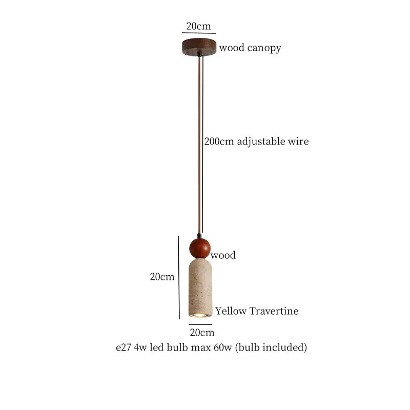 A modern pendant light with a dark wood canopy and led yellow travertine shade for wabi sabi dining room decorbites