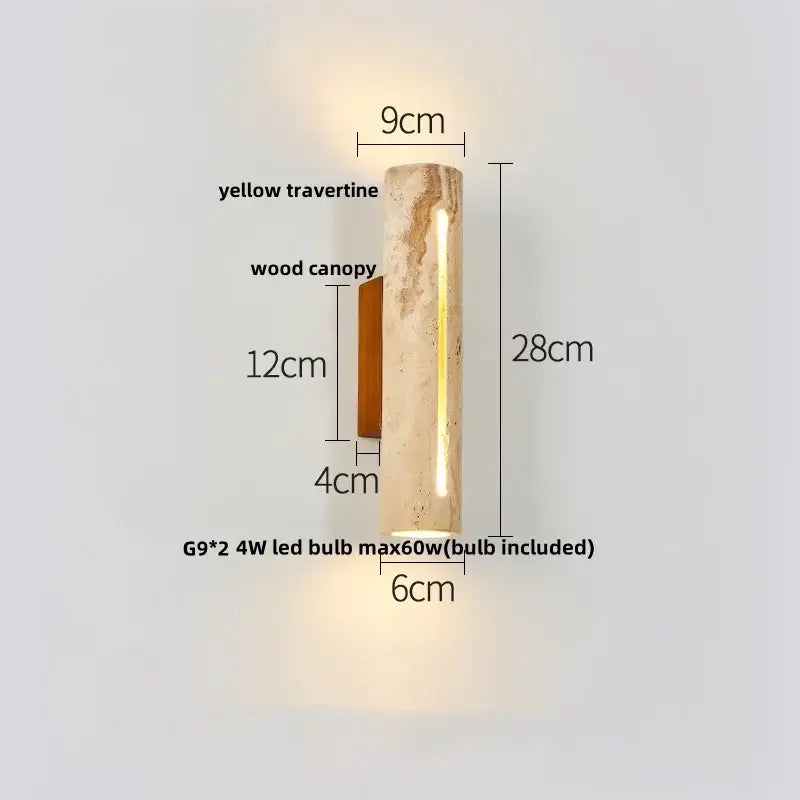 A modern wall light featuring a textured yellow travertine cylinder with wooden canopy and decorbites led wall strip