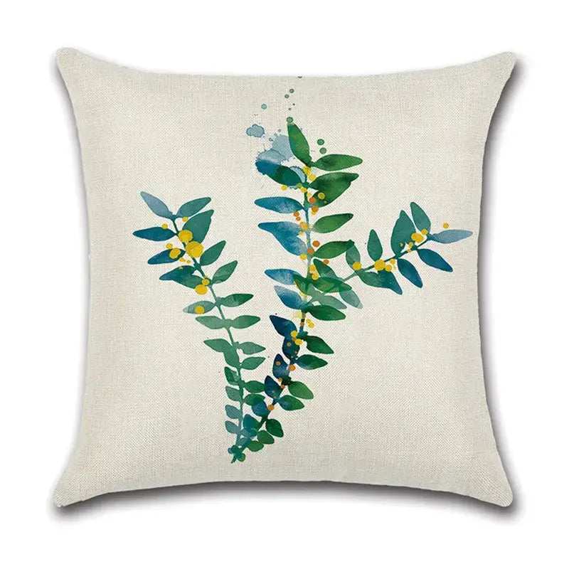 Beige linen pillow case with green leaves decorative watercolor vine and yellow dot accents for living room use