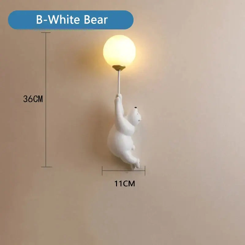 White ceramic polar bear wall lamp with spherical frosted glass bulb whimsical bear wall lamp for kids bedroom