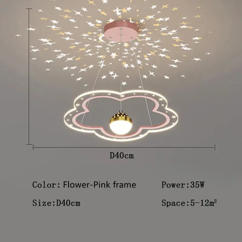 Whimsical pink and gold cloud flower led chandelier featuring a glowing white bulb with starry projection decorbites cloud flower