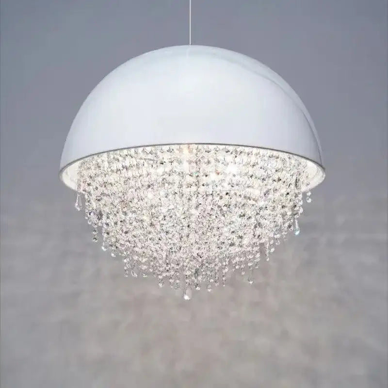White dome-shaped pendant light with cascading crystal beads in decorbites crystal tassel iron chandelier design for luxury living room decor