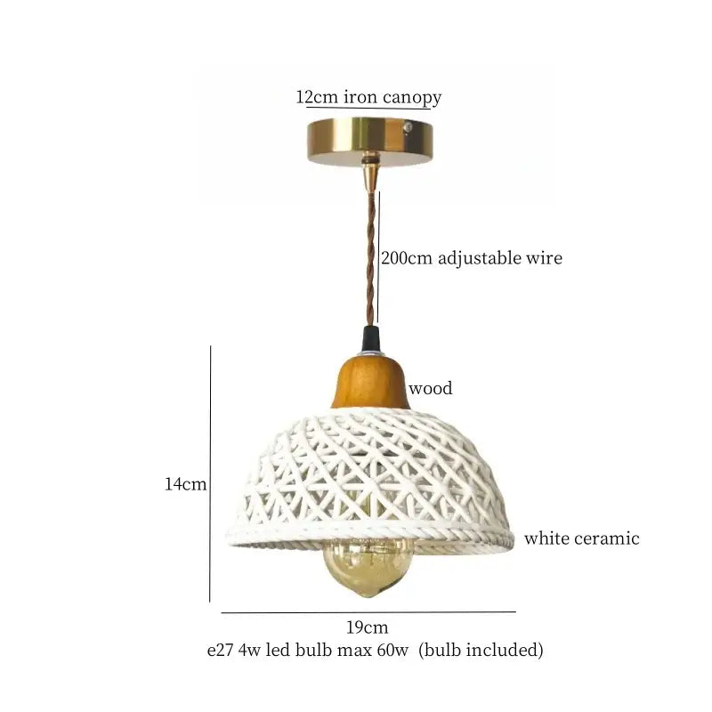 White woven rope ceramic led pendant light with lattice design wooden accent and brass iron canopy by decorbites ceramic led pendant