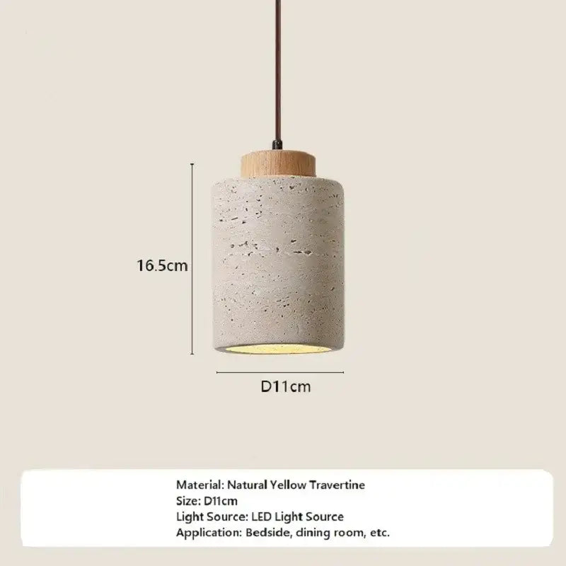 Cylindrical yellow travertine stone pendant light with wooden top suspended by dark cord for kitchen use