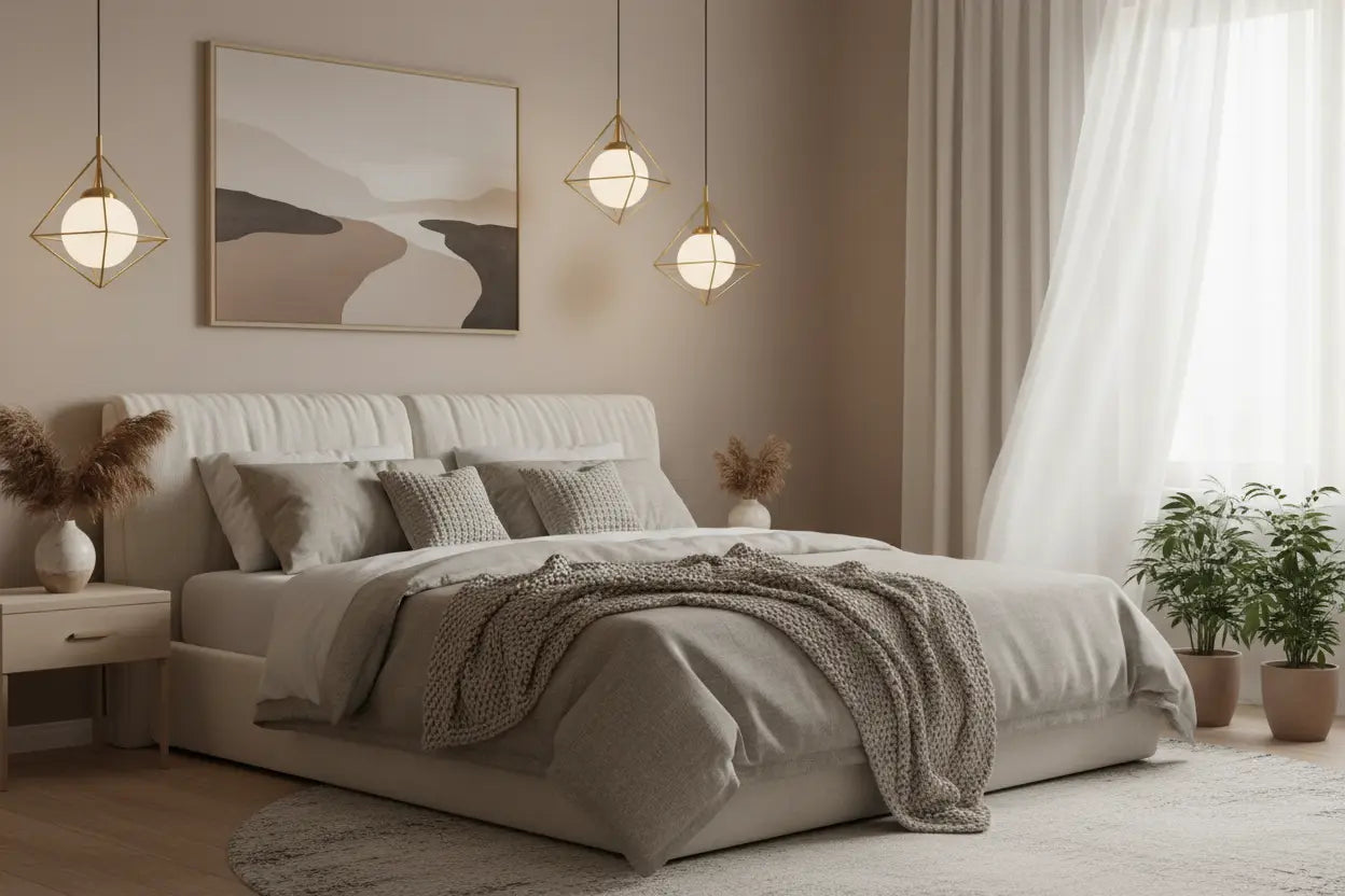 Beige upholstered bed with tufted headboard and layered bedding featured with bedroom pendant lights collection