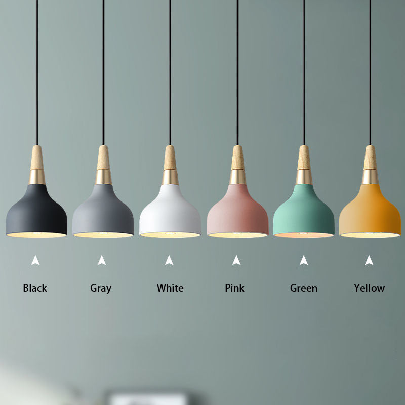 Six modern pendant lights with matte conical shades in various colors and wood brass fittings for christmas home deals.