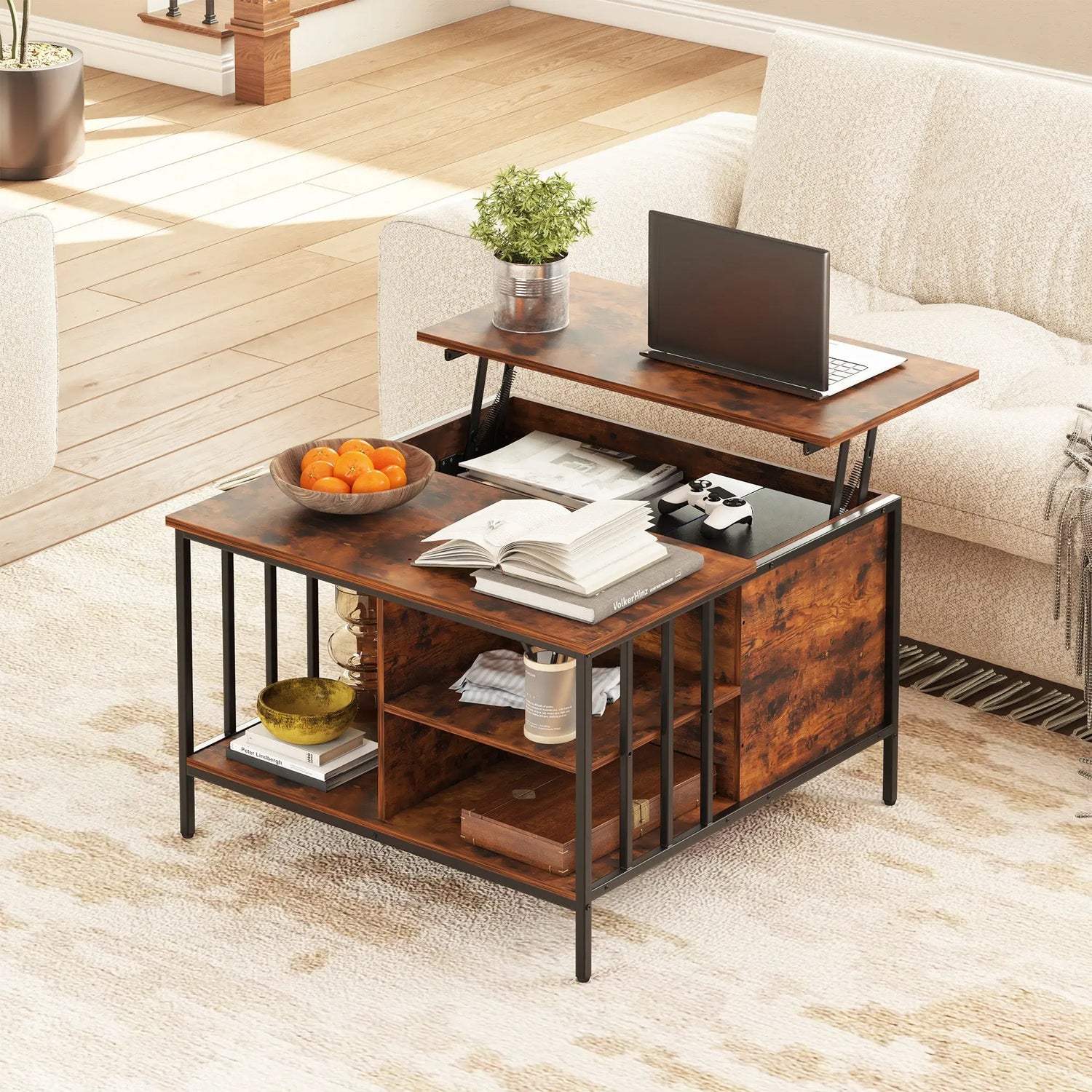 Rustic brown wooden coffee table with black metal frame and adjustable lift-top in coffee tables collection