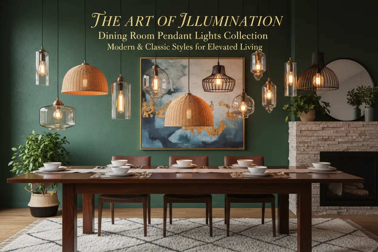 A collection of modern and classic dining room pendant lights with glass, woven wicker, and metal shades above a table.