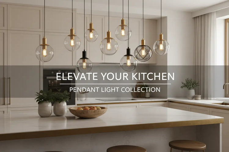 Modern glass kitchen pendant lights with brass accents hanging above a kitchen island for elegant lighting design