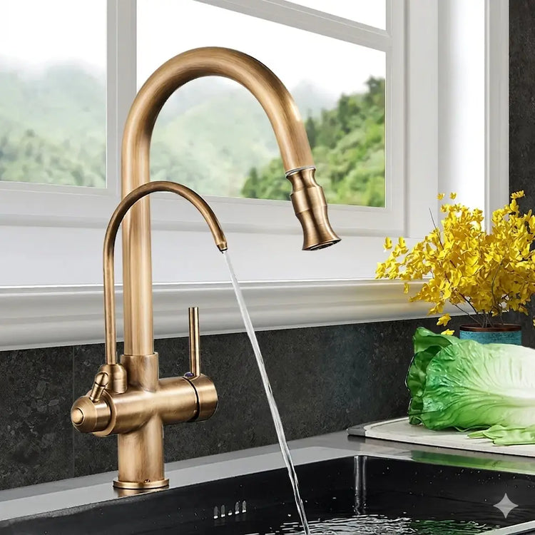 Brass-finished kitchen sink faucet with curved spout and pull-down spray head from kitchen sink faucets collection