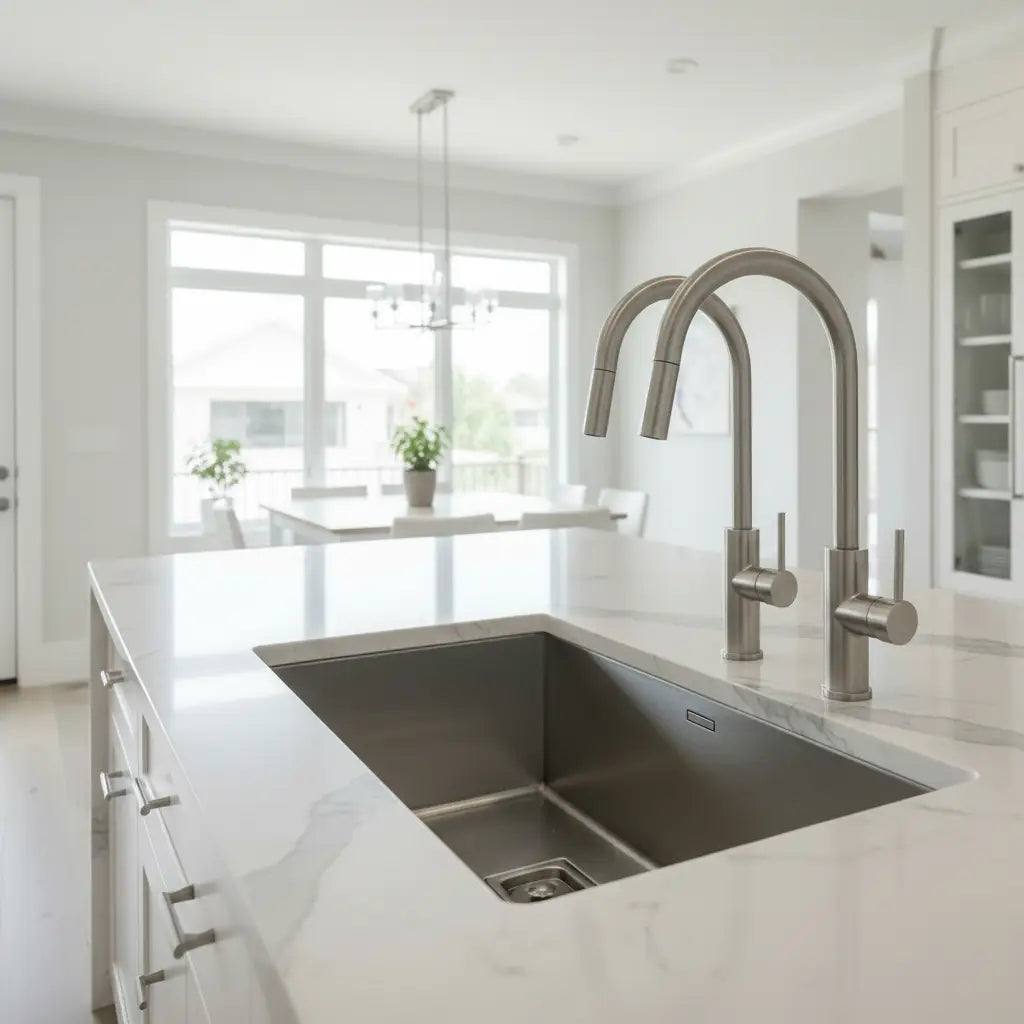 Modern brushed stainless steel kitchen faucet with sleek curved spout and dual handles in kitchen sinks with faucet combos