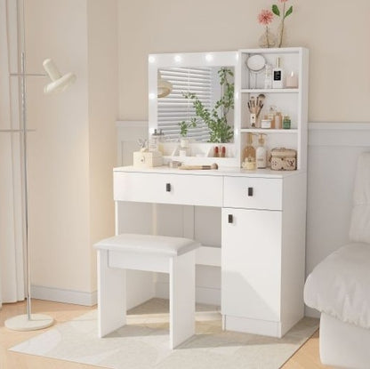 Toilettentisch mit Lichtern, Toilettentisch-Set mit Spiegel, Schminktisch mit großen Schubladen, Drei-Ebenen-Speicher-Kommode, Toilettentische mit 3 Lichtern, einstellbare Helligkeit für das Schlafzimmer, weiß