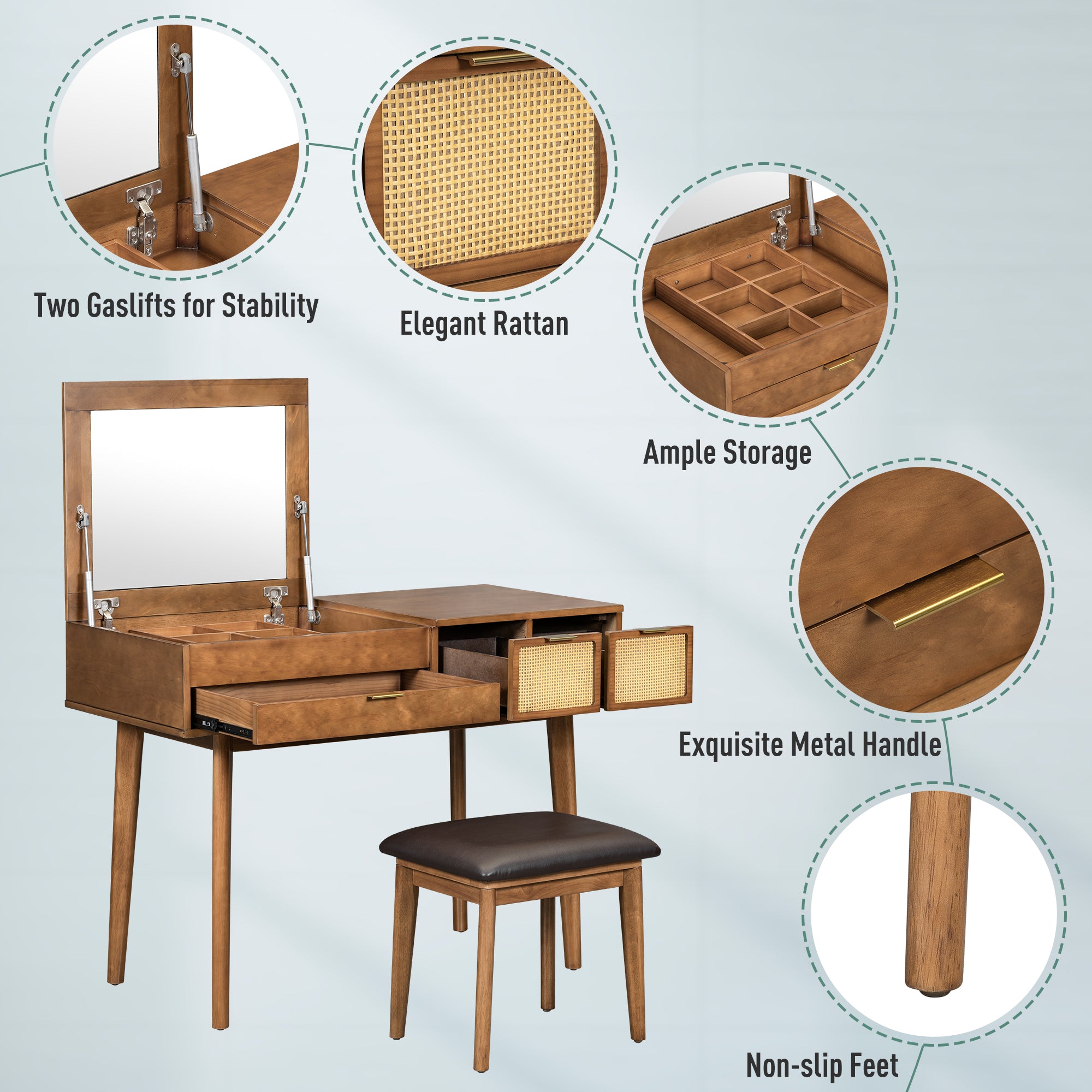 43,3 Klassisches Holz-Make-up-Toilettentisch-Set mit Klappdeckelspiegel und Hocker, Ankleidetisch mit drei Schubladen und Stauraum, Braun