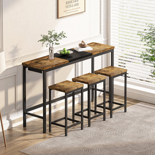Moderne Design-Küchentisch-Essgruppe, Pub-Tisch, Langer Essens-Tisch-Set mit 3 Hocker, Praktisches Hängender-Hocker-Design, Natürliches Schwarz,