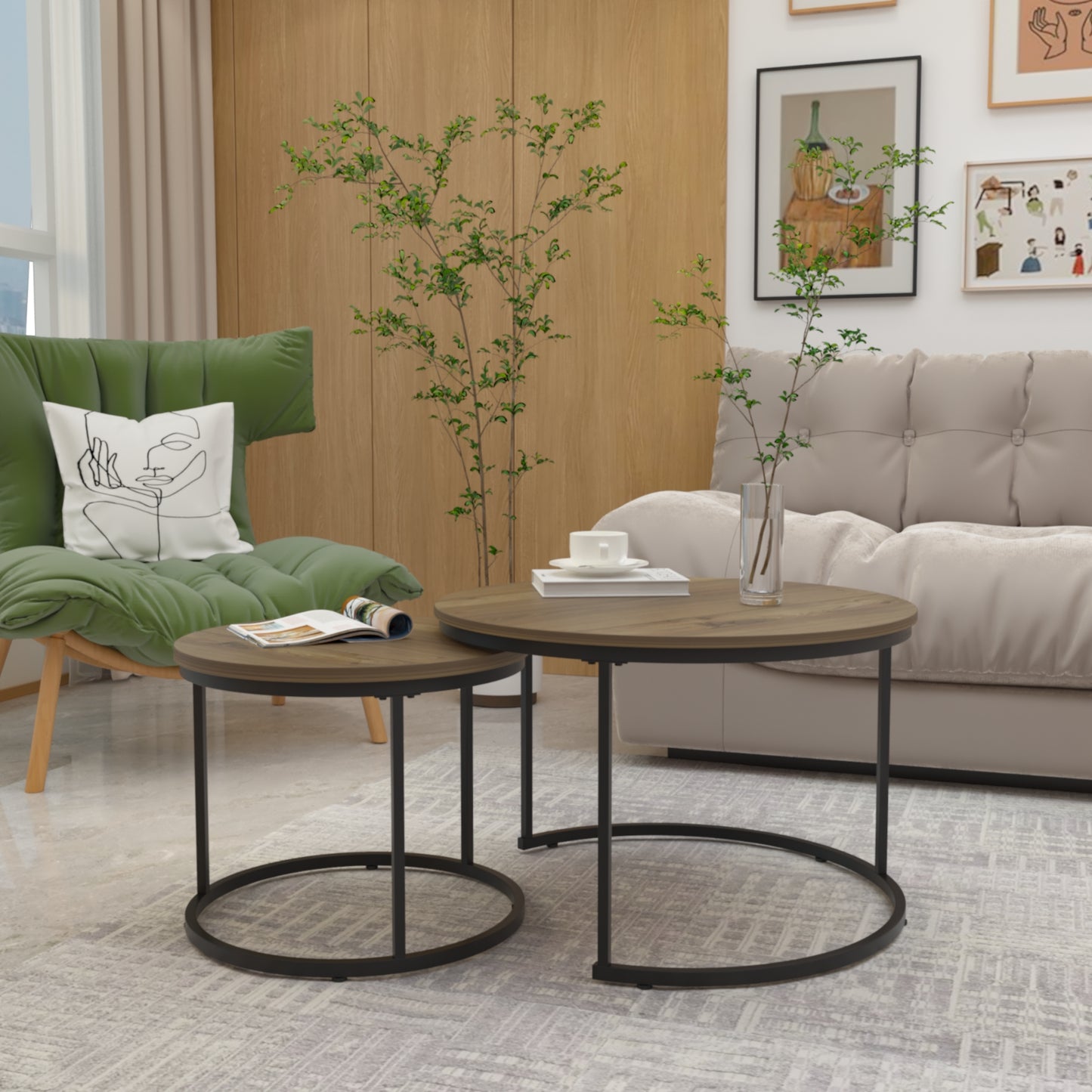 Nesting Coffee Table Set Of 2, 27.6inch Round Coffee Table Industrial Wood Finish With Sturdy Metal