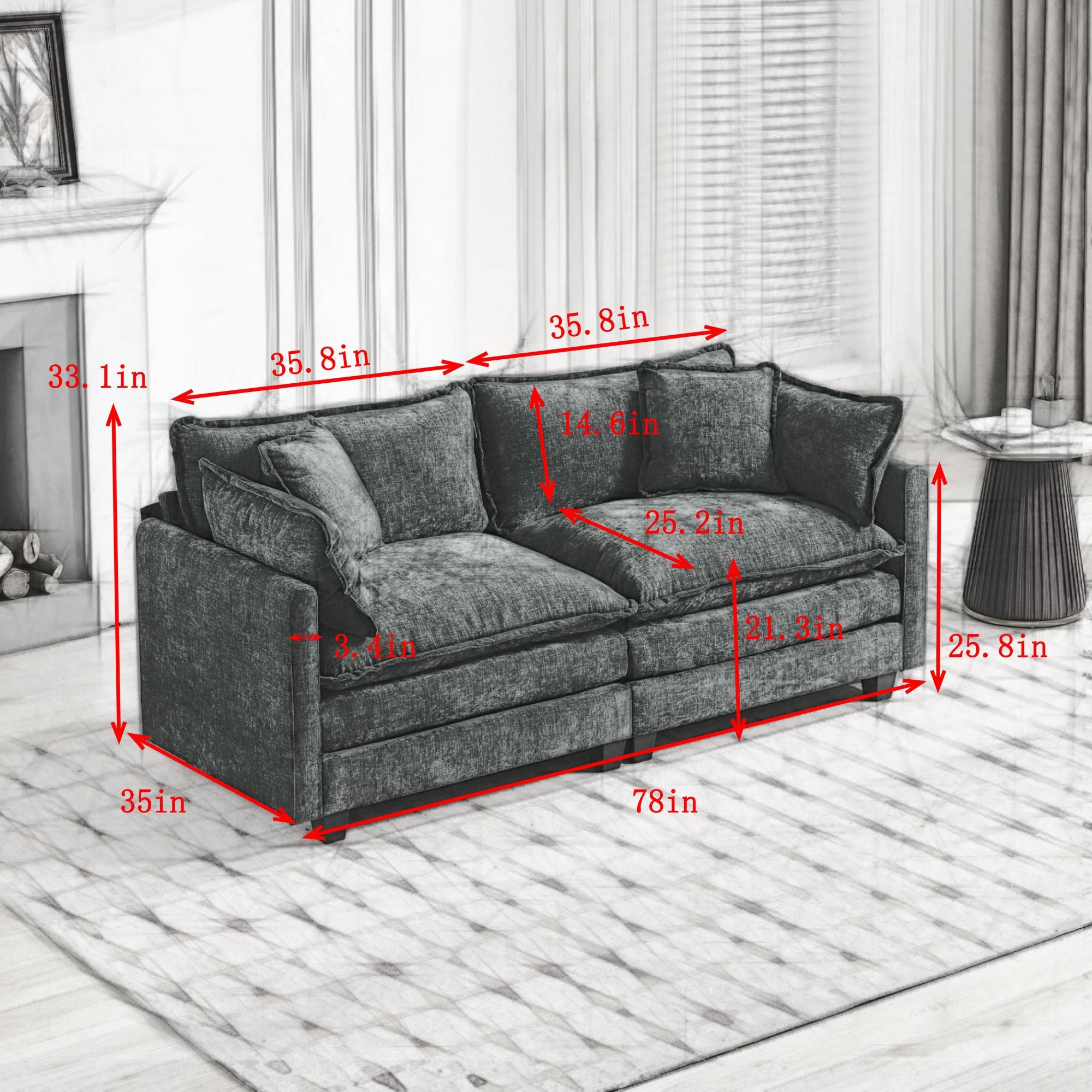 Cloud-Sofa Liebesitz Hocker nicht enthalten, modernes Ecksofa, für Wohnzimmer, Schlafzimmer und Wohnung, bequeme zweischichtige gepolsterte Sitzkissen, atmungsaktiver Chenille-Stoff, Blau.SW5012BL