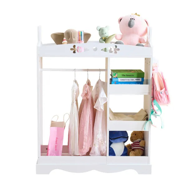 Weißer MDF + Spanplatten Kinder-Kleiderschrank mit 1 Spiegel, 3 Regalen und 1 Kleiderstange; Hasenohr-Design