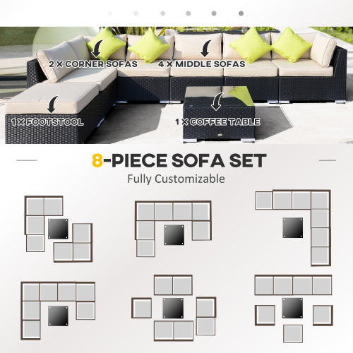Outsunny 8-teiliges PE-Rattan-Ecksofa-Set mit dicken Polstern, Aluminium-Außenbereich-Rattan-Gartenmöbel-Set mit Glasplattentisch, keine Montage erforderlich, Schwarz