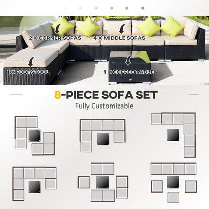 Outsunny 8-teiliges PE-Rattan-Ecksofa-Set mit dicken Polstern, Aluminium-Außenbereich-Rattan-Gartenmöbel-Set mit Glasplattentisch, keine Montage erforderlich, Schwarz