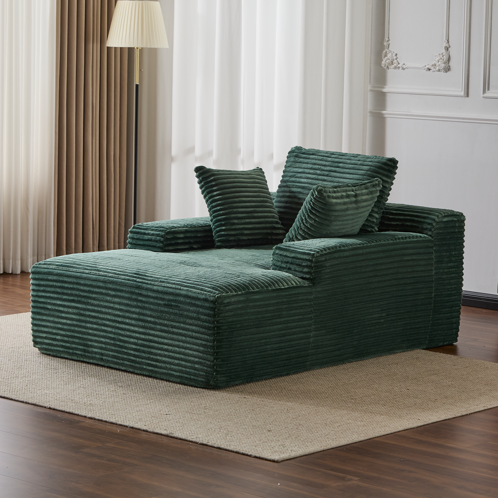 Überdimensionierter Chaiselongue-Sessel Gemütliche Wolken-Couch, Moderner Plüsch-Corduroy-Polsterter Schlafcouch-Tagbett mit 3 Dekokissen und breiter Armlehne für das Wohnzimmer, Keine Montage erforderlich, Grün