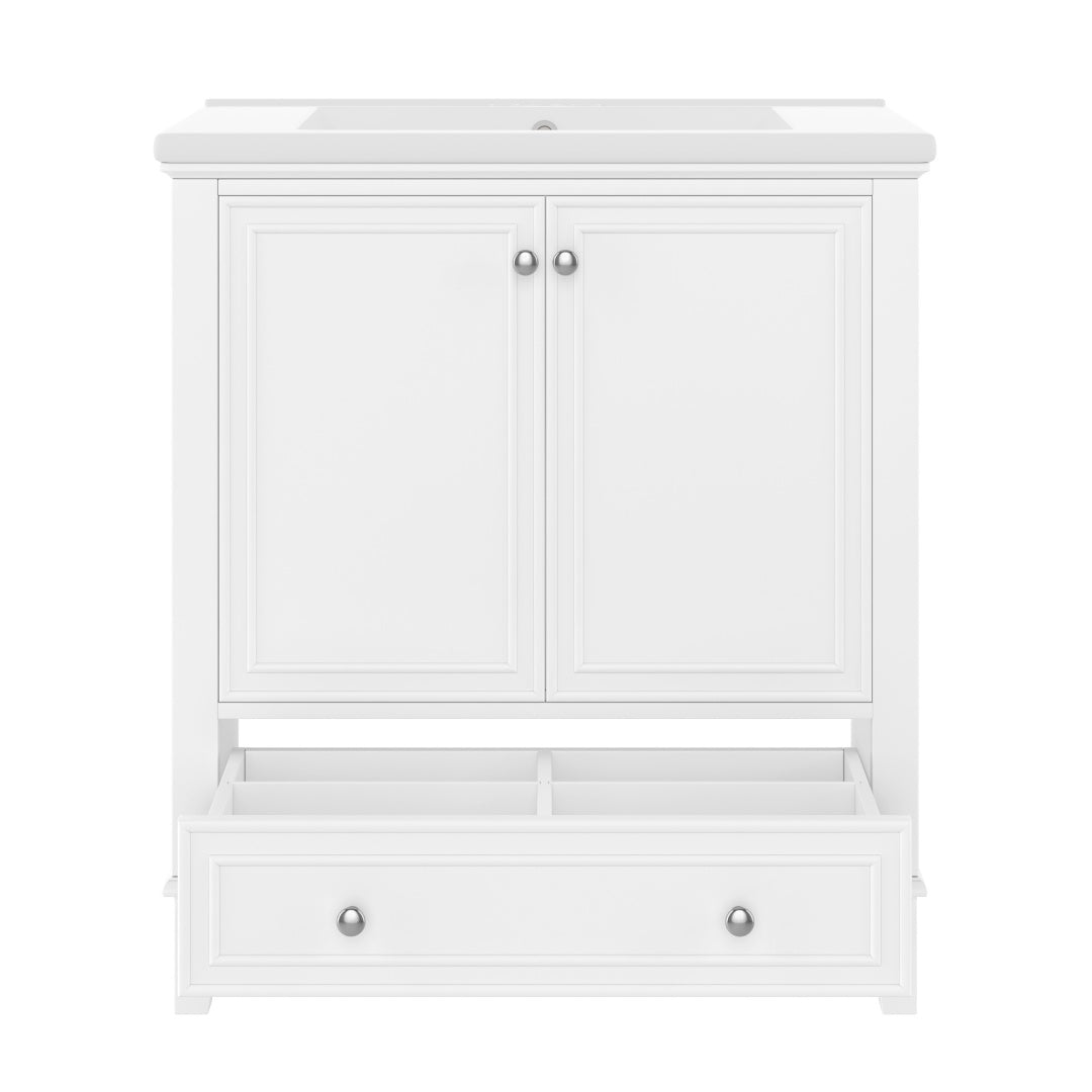 30-Zoll-Badwaschtisch mit Waschbecken-Kombination, Multifunktionaler Badezimmerschrank mit Türen und Schublade, Solider Rahmen und MDF-Platte, Weiß