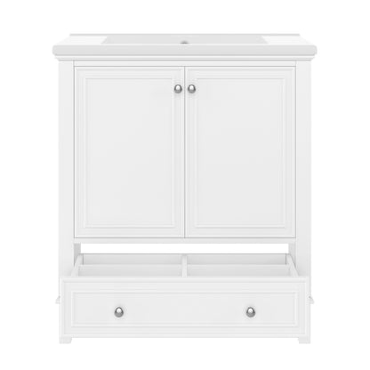 30-Zoll-Badwaschtisch mit Waschbecken-Kombination, Multifunktionaler Badezimmerschrank mit Türen und Schublade, Solider Rahmen und MDF-Platte, Weiß