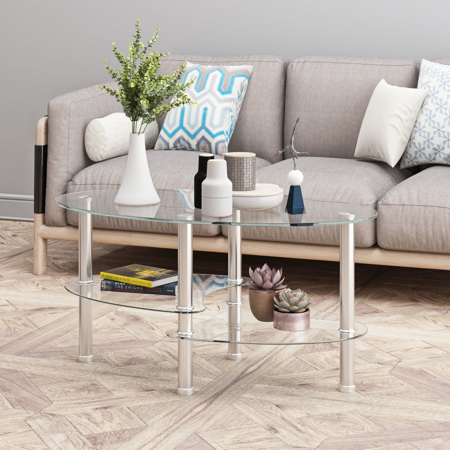 Transparent Oval Glass Coffee Table, Modern 3-Layer With Stainless Steel Leg