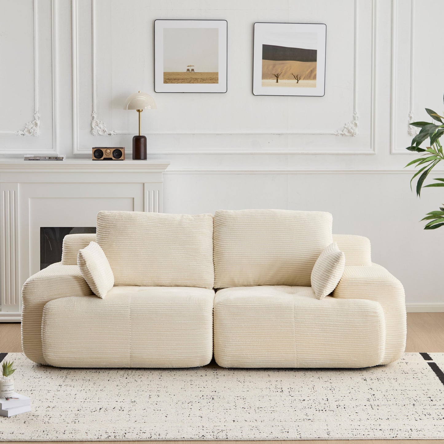 Moderne Kompressions-Matratzen-Sofa, 2-Sitzer großes Ecksofa für das Wohnzimmer, Haustierfreundliches Wolkenmodul-Sofa, Samtstoff, extra tiefe Zweier-Sitzbank, keine Montage erforderlich, Beige