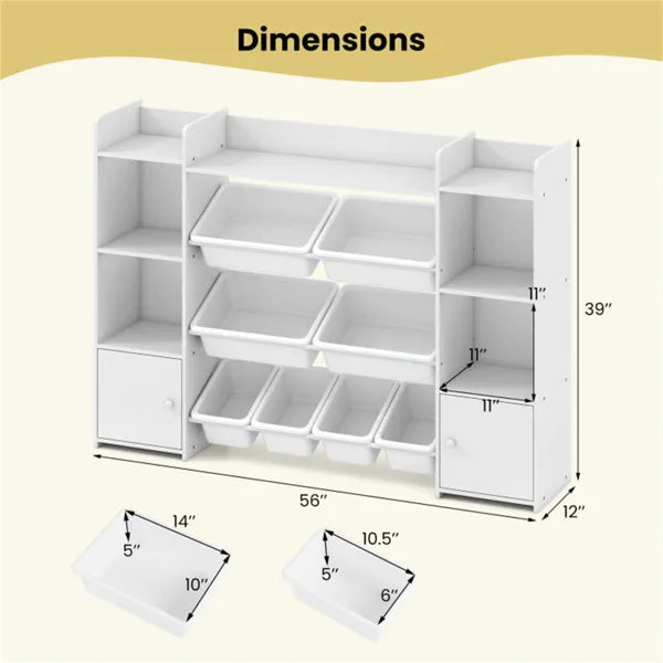 Weißes multifunktionales Kinderregal - Spielzeugorganizer + Bücherregal, 142 cm x 30 cm x 99 cm, Umkippsicherung, Tragfähigkeit 120 kg