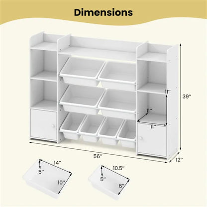 Weißes multifunktionales Kinderregal - Spielzeugorganizer + Bücherregal, 142 cm x 30 cm x 99 cm, Umkippsicherung, Tragfähigkeit 120 kg