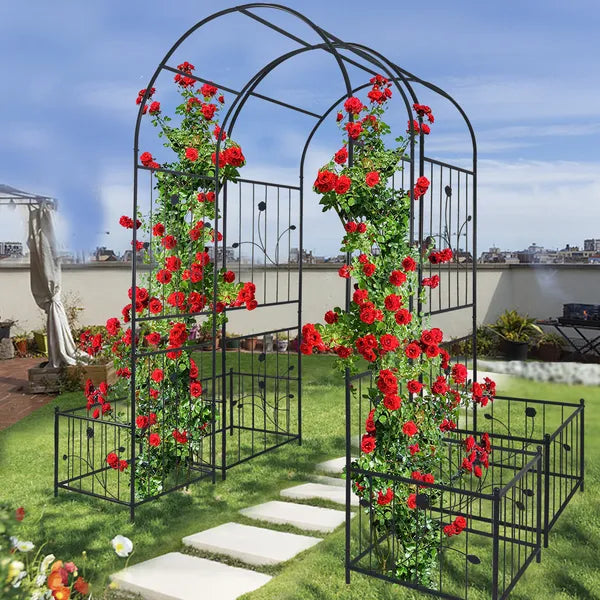 Metall-Gartenbogen mit zwei Pflanzenständern 79,5'' breit x 86,6'' hoch Kletterpflanzenstütze Rosenbogen für draußen schwarz