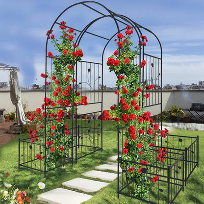 Metall-Gartenbogen mit zwei Pflanzenständern 79,5'' breit x 86,6'' hoch Kletterpflanzenstütze Rosenbogen für draußen schwarz