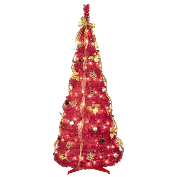 6FT Roter Aufstell-Weihnachtsbaum mit 150 warmweißen LED-Lichtern, Zubehör enthalten – 4 Bänder, Schleife, Blumen, Schneeflocken, Kiefernzapfen & Kugeln – Einfache Montage & platzsparende Weihnachtsdekoration