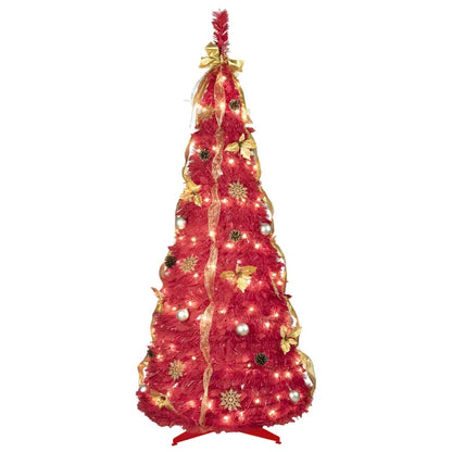 6FT Roter Aufstell-Weihnachtsbaum mit 150 warmweißen LED-Lichtern, Zubehör enthalten – 4 Bänder, Schleife, Blumen, Schneeflocken, Kiefernzapfen & Kugeln – Einfache Montage & platzsparende Weihnachtsdekoration