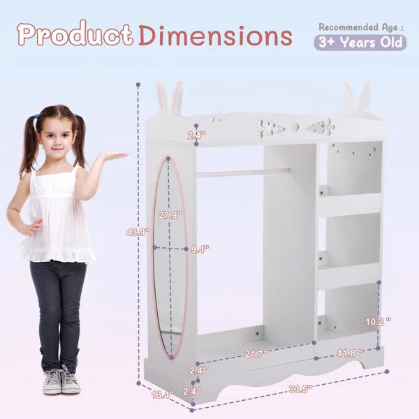 Weißer MDF + Spanplatten Kinder-Kleiderschrank mit 1 Spiegel, 3 Regalen und 1 Kleiderstange; Hasenohr-Design