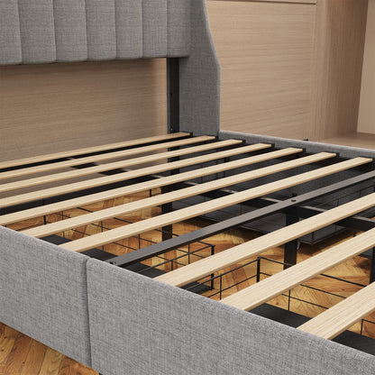 Bettgestell in Queensize mit LED, Stauraum-Schubladen, Flügel-Kopfteil - Hellgrau
