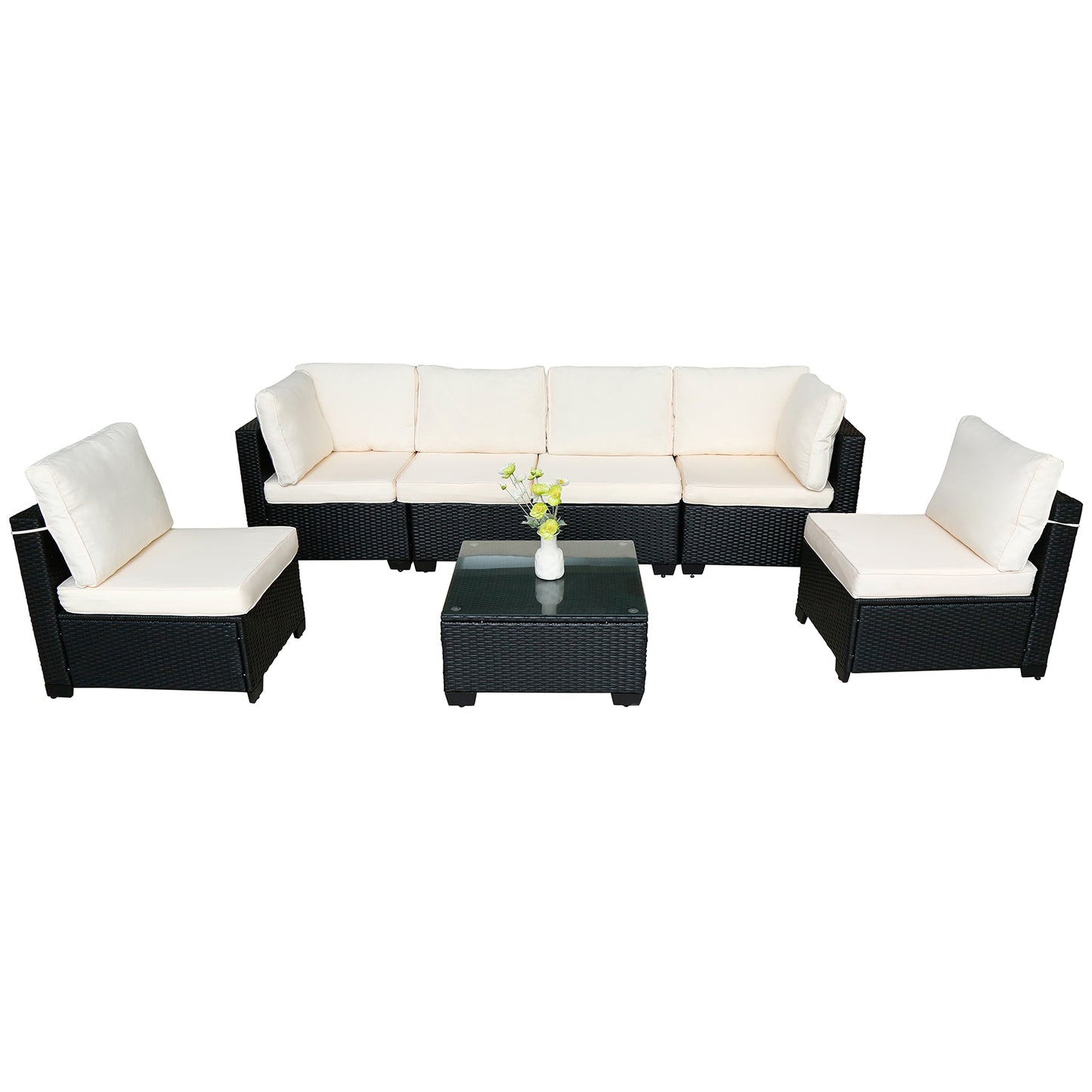 Beliebtes Siebenteiliges Sofasofa-Set mit Tisch, Sofa-Sessel, Schwarzes PE-Rattan, Outdoor, Neues Design Möbel 7-JH002 Kiste 3-1-2-3 mit Weißem Farbigen Kissen