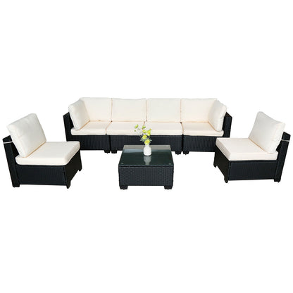Beliebtes Siebenteiliges Sofasofa-Set mit Tisch, Sofa-Sessel, Schwarzes PE-Rattan, Outdoor, Neues Design Möbel 7-JH002 Kiste 3-1-2-3 mit Weißem Farbigen Kissen