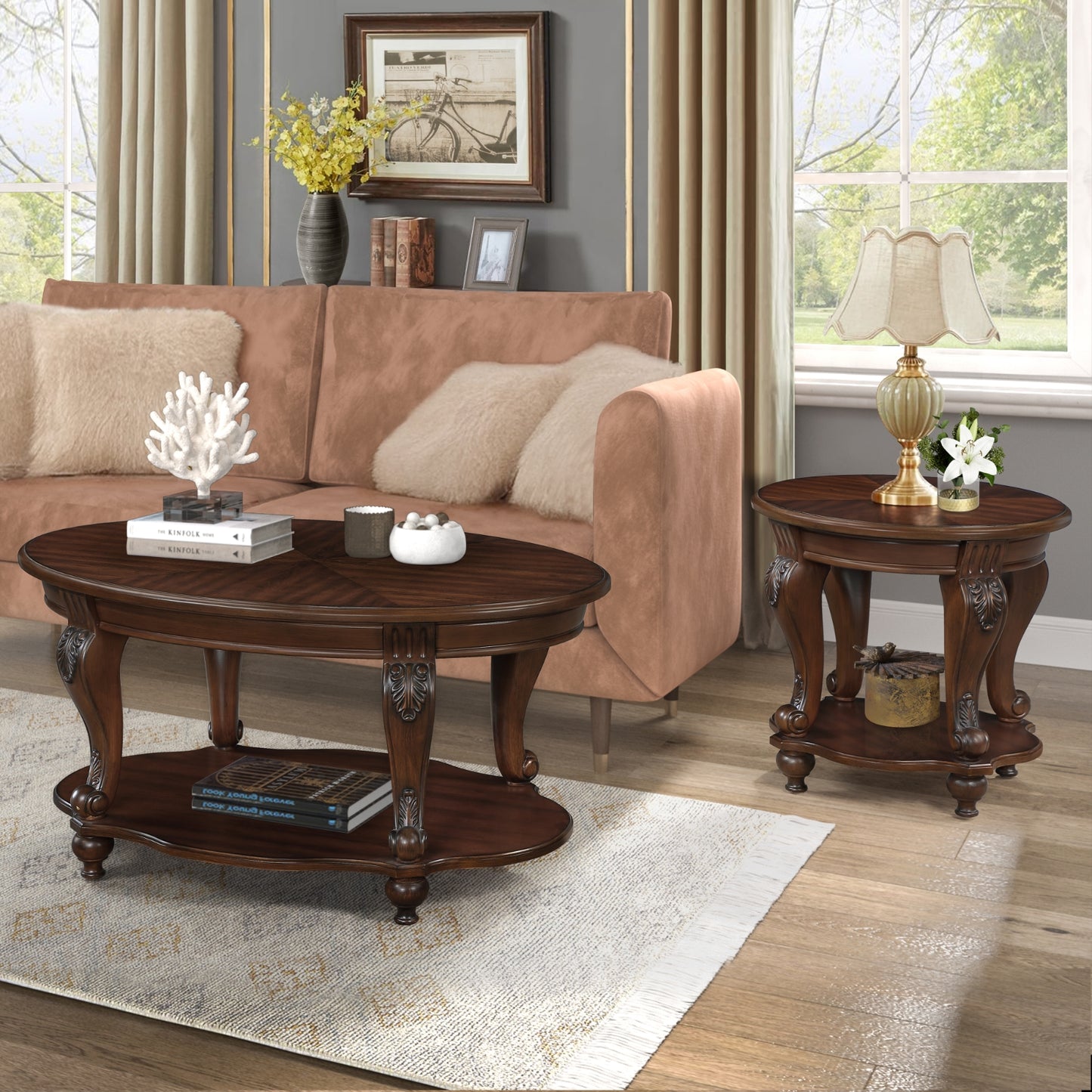 42'' Oval Wood Coffee Table For Living Room, 2-Tier Solid Wood Cocktail Table With Open Storage Shel