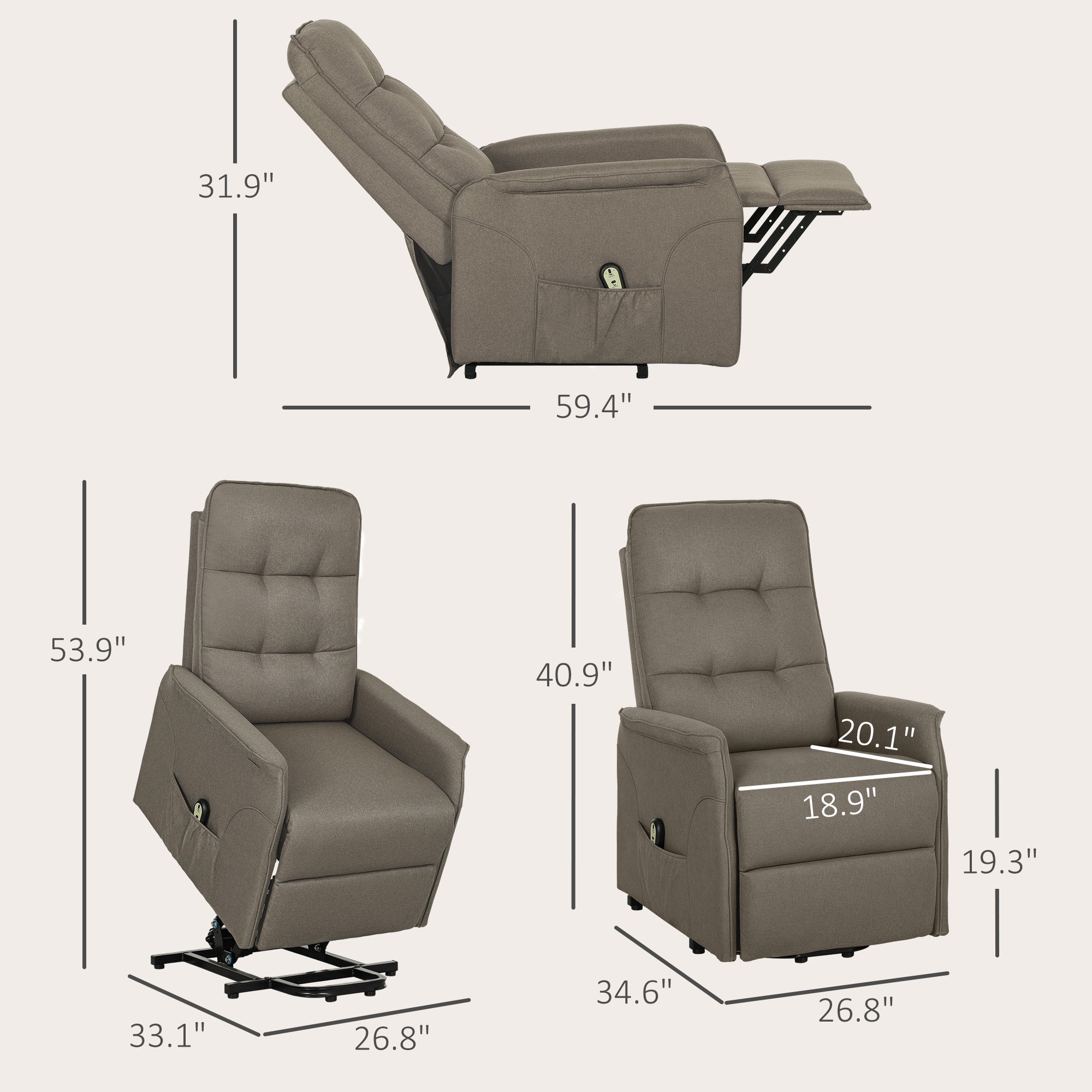 Hubersitz für Senioren, Stoff-Liegesofa mit Fernbedienung, Seitentaschen, Schnelle Montage, Kaffee