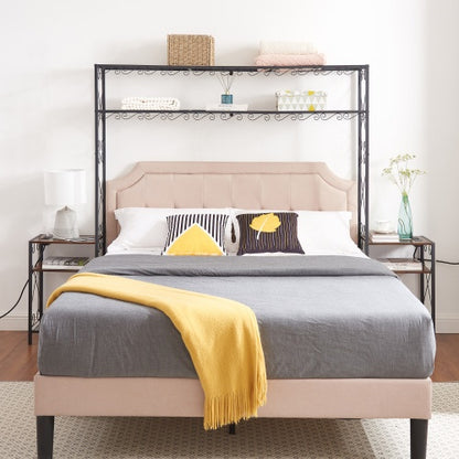 Queen-Bettgestell mit 2 Nachttischen, Kopfteilen mit Stauraum-Schrank, Kopfteil mit Regalen, Bücherregal-Kopfteil Queen, einfache Montage für das Schlafzimmer, Eisen und Holz, rustikal braun