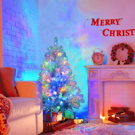 4FT Silberner Vorbeleuchteter Künstlicher Weihnachtsbaum, Scharnierter Voller Baum mit Metallständer, 400 Astspitzen, 150 LED-Lichter, 11 Beleuchtungsmodi, Weihnachtsbaumsdekoration für Innen- und Außenbereich