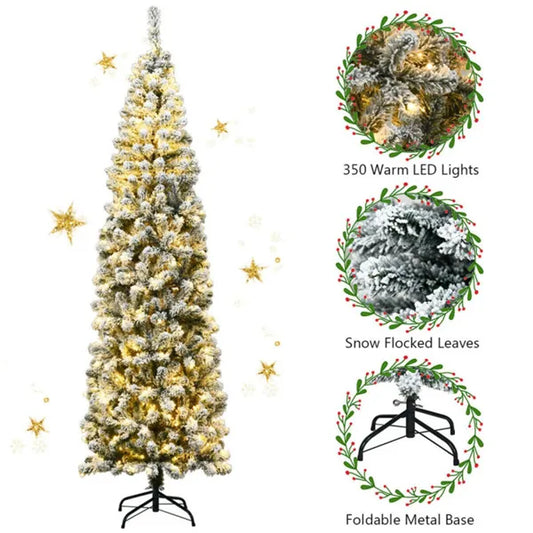 2,29 m schneegeflockter Bleistift-Weihnachtsbaum - 641 Astspitzen, 350 warme LED-Lichter, PVC+Metall