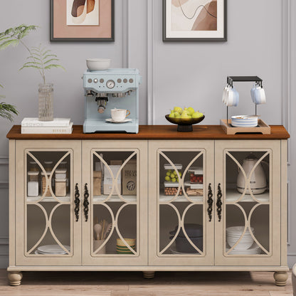Elegantes europäisches Antiquitäten-Stil 4-Türenschrank mit gehärteten Glastüren, für Esszimmer, Wohnzimmer, Flur, einfache Montage, Beige